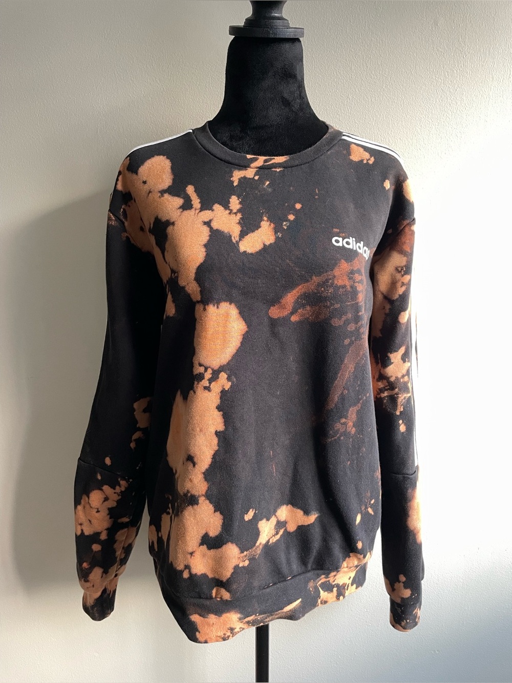 Adidas 3-Stripes Bleach Dye Fleece Sweatshirt Black Brown S